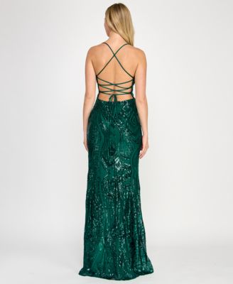 Juniors' Sequined Lace-Up-Back Gown