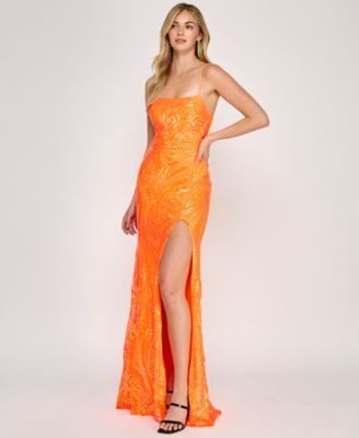 Juniors' Sequined Lace-Up-Back Gown