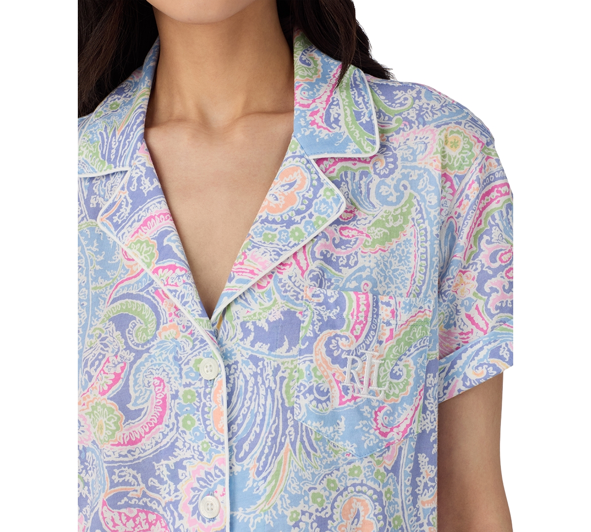 Shop Ralph Lauren Women's Petite Notched-collar Cropped Pajama Set In Blue Pais