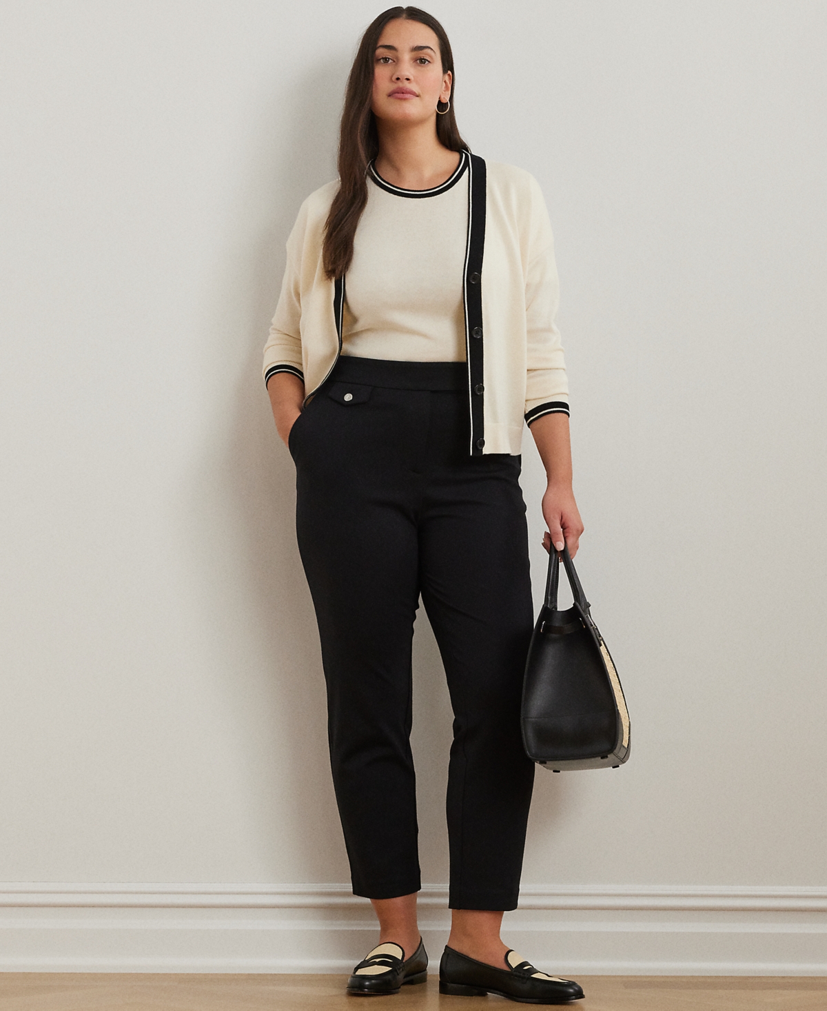 Ralph Lauren Plus Size Two-tone Short-sleeve Sweater In Mascarpone Cream,black