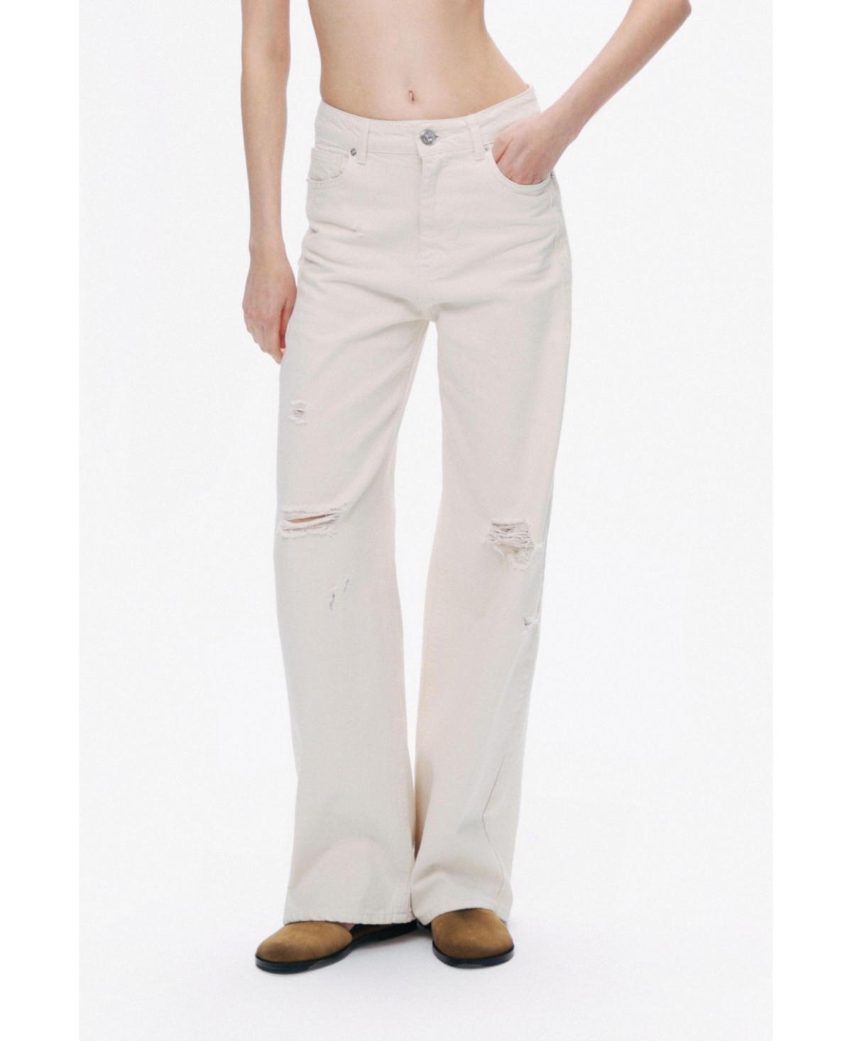 Women's Stone Detailed Wide Leg Jeans - Open white