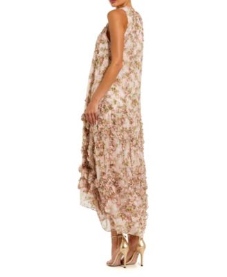 Women's Sleeveless Floral Print Chiffon Micro Ruffle Gown