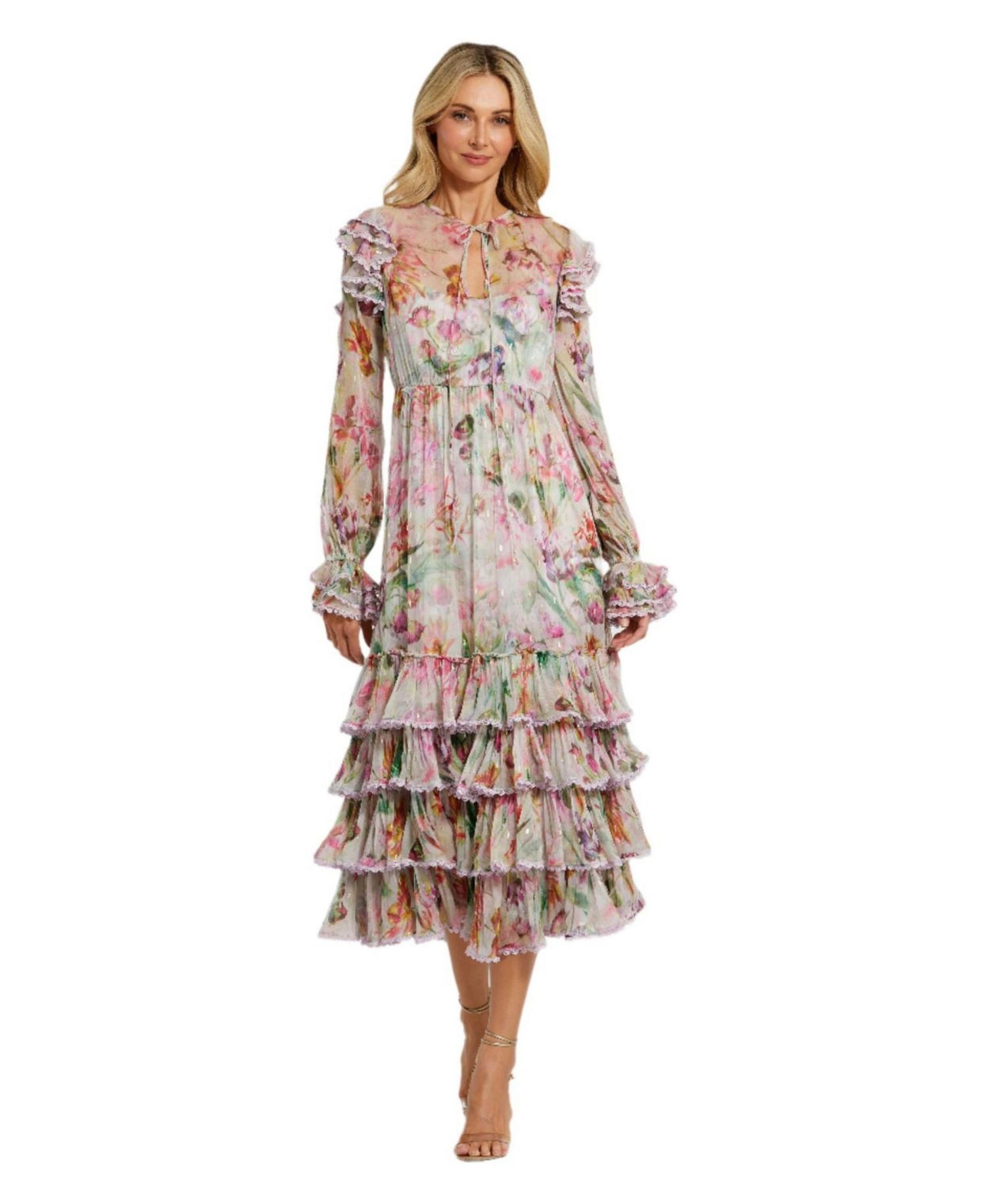 Women's Long Sleeve Tie Neck Ruffle Detail Floral Dress
