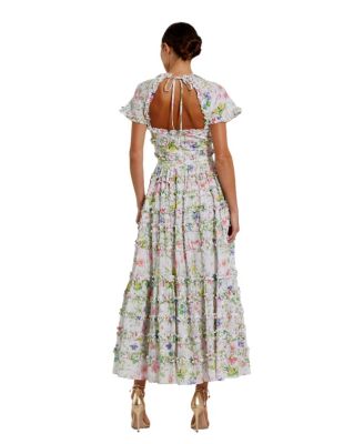 Women's Cap Sleeve V Neck Open Back Floral Cotton Dress
