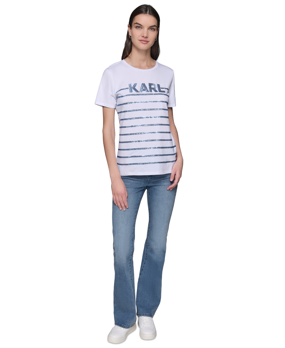 Karl Lagerfeld Women's Embellished Stripe Crewneck Tee In White  Blue