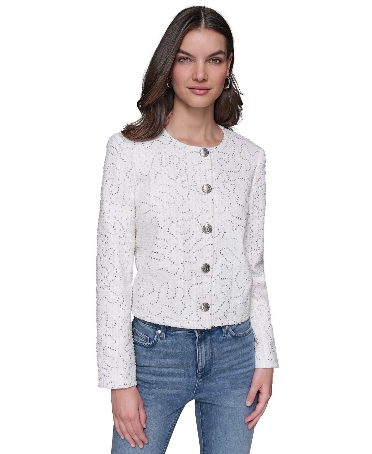 KARL LAGERFELD WOMEN'S BUTTON-FRONT SEQUIN COLLARLESS JACKET 