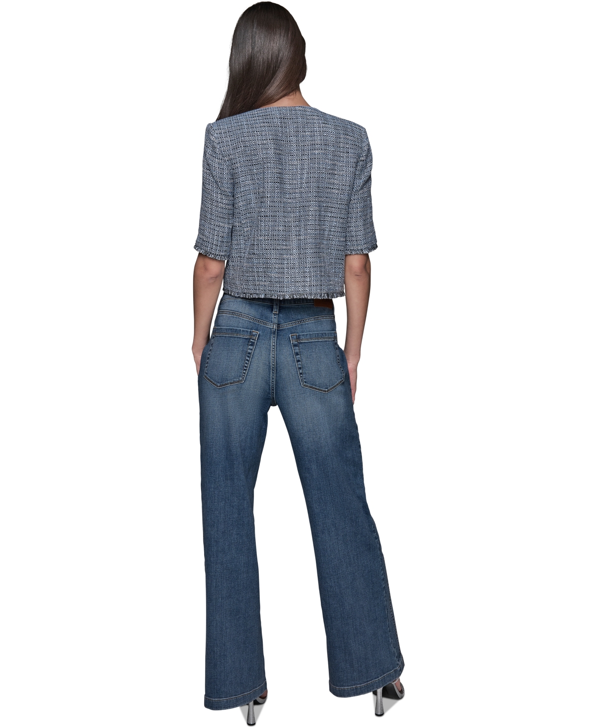 Shop Karl Lagerfeld Women's Fringe-trim Short-sleeve Tweed Jacket In Chambray Blue