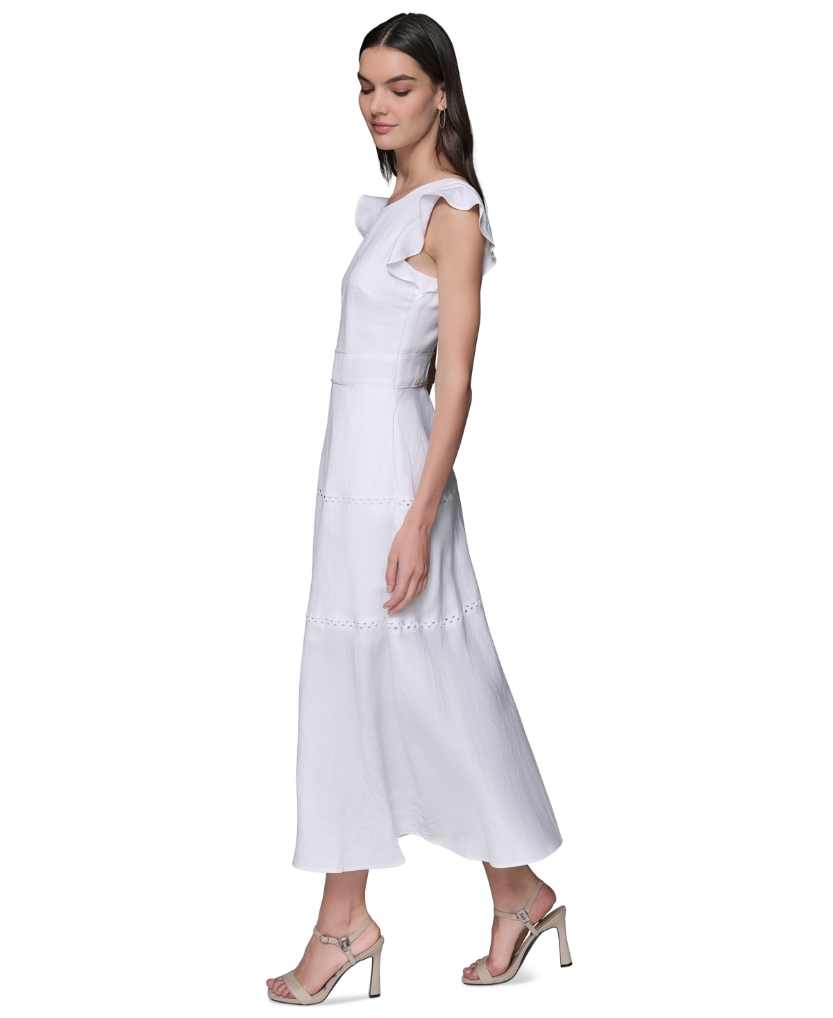 Shop Karl Lagerfeld Women's Lace-inset Flutter-sleeve Midi Dress In Soft White