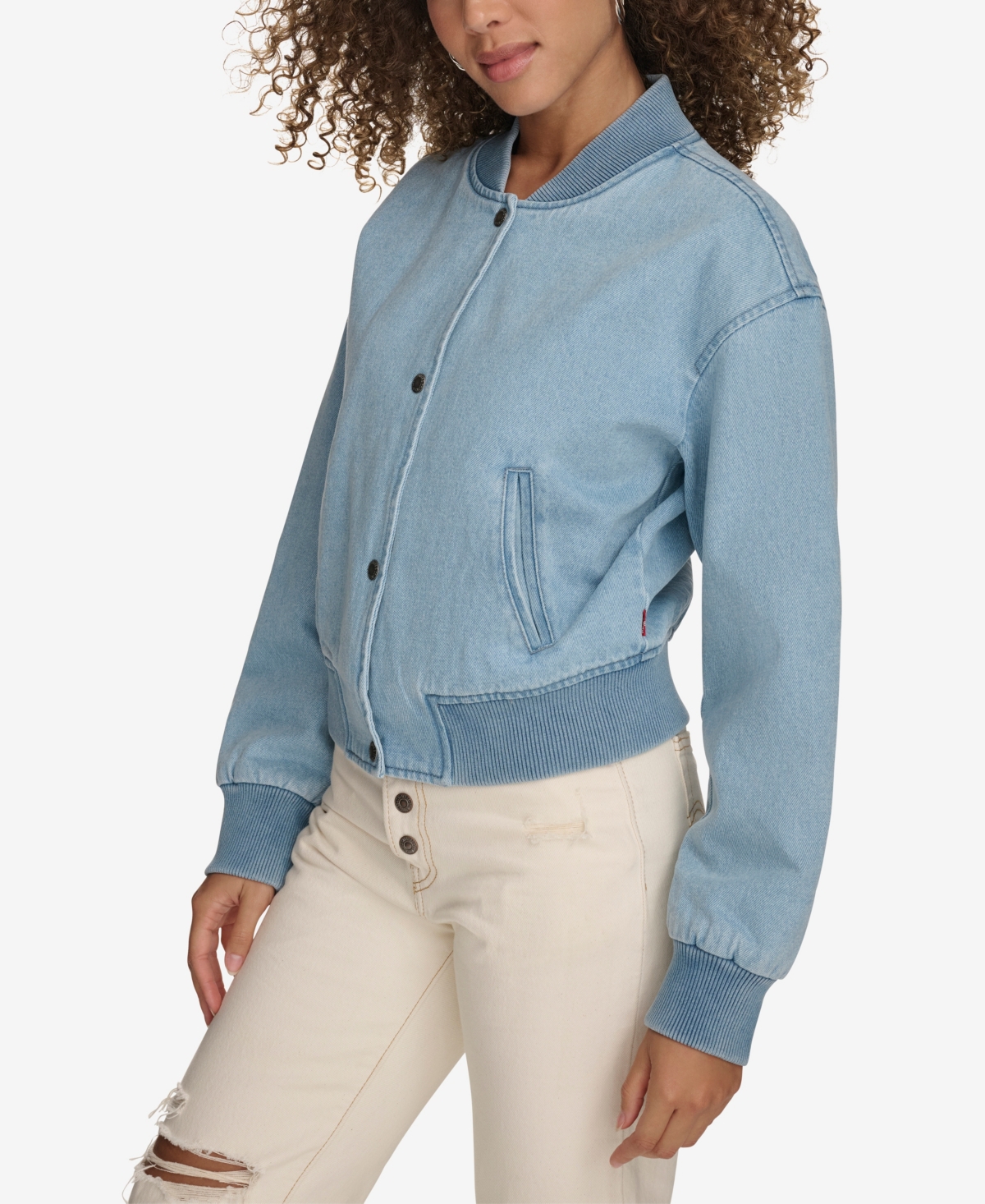 Levi's Women's Ribbed-edge Cropped Denim Bomber Jacket In Light Wash Denim