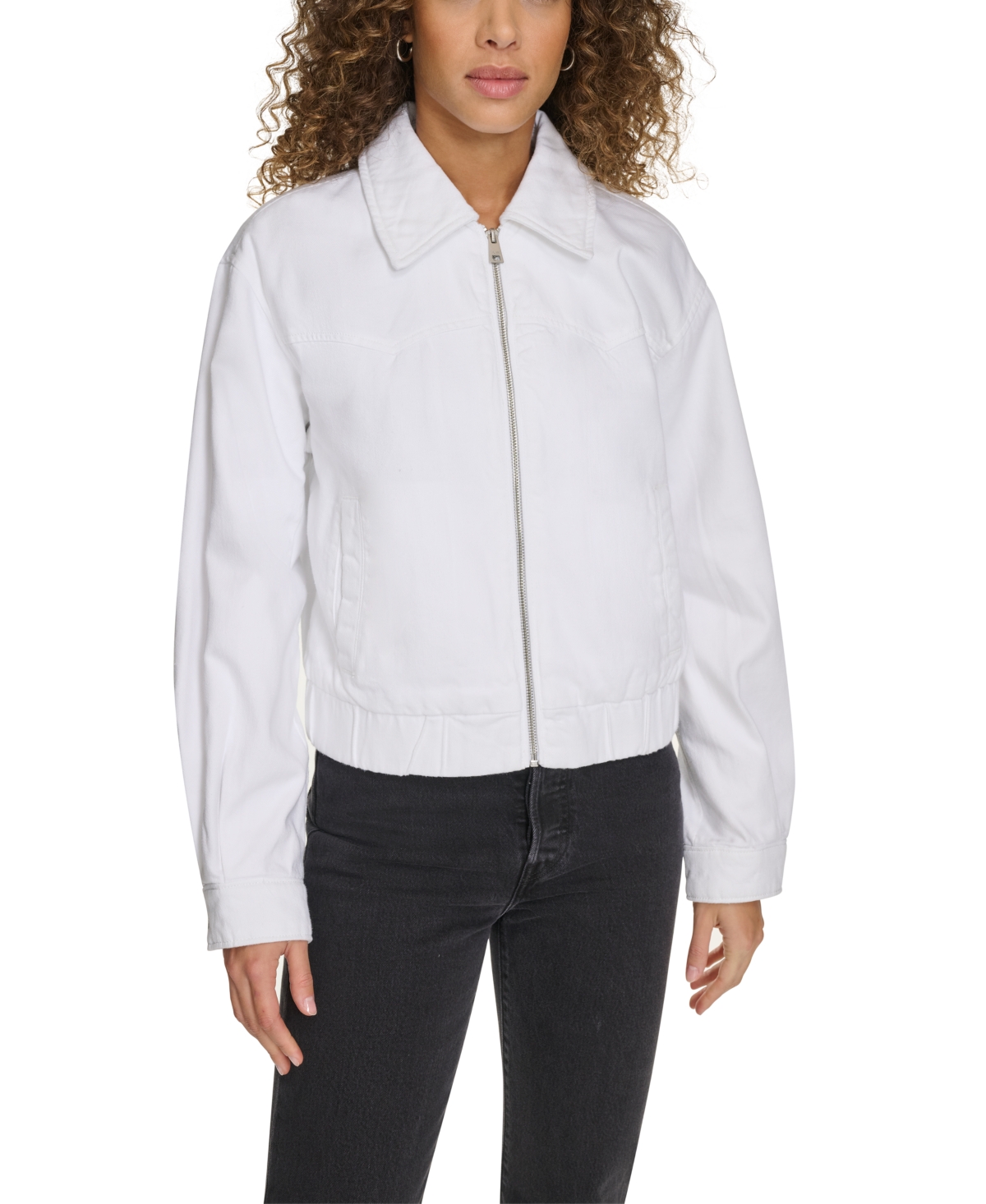 Women's Western Zip-Front Denim Bomber Jacket - Light Wash Denim