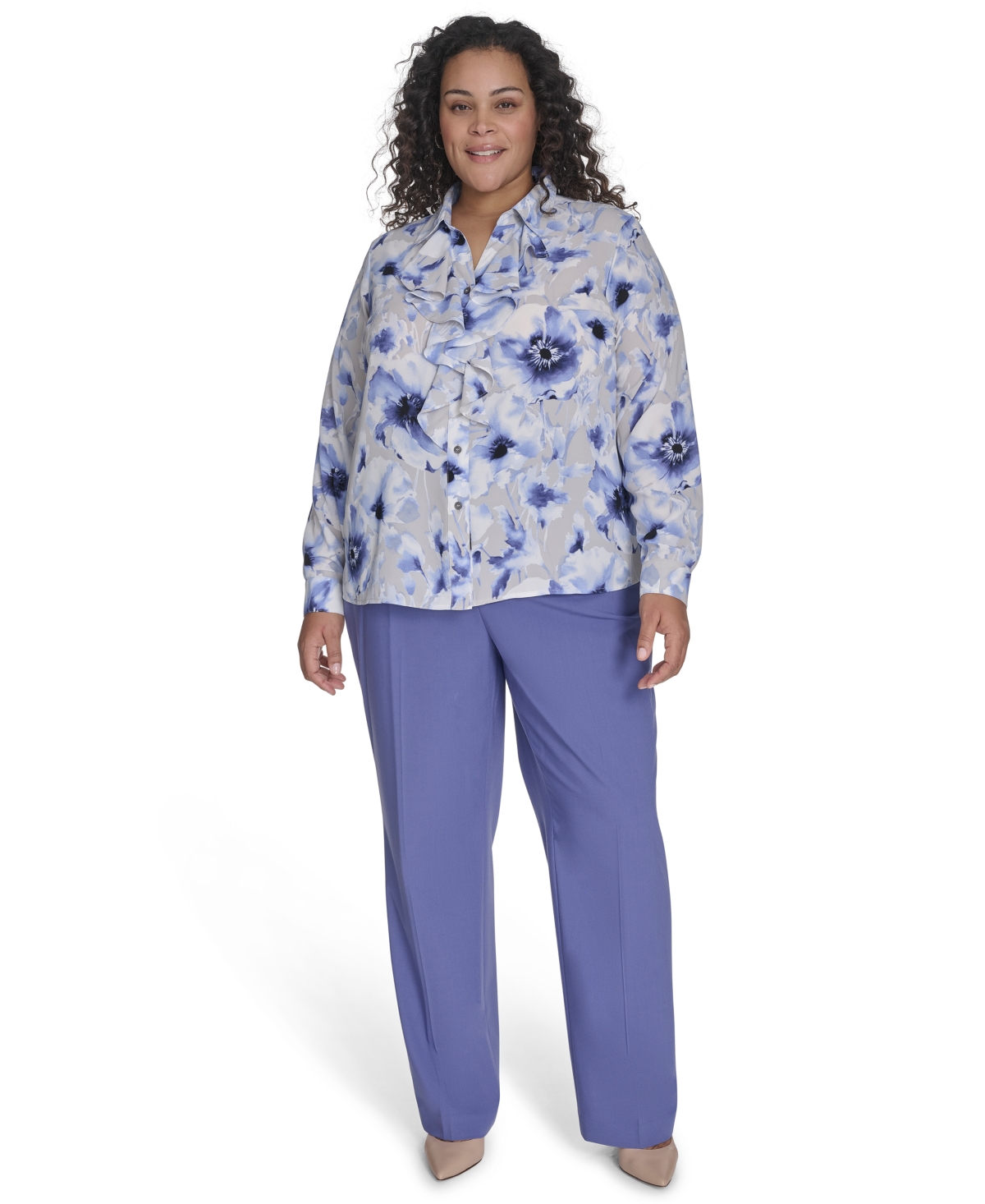 CALVIN KLEIN PLUS SIZE PRINTED RUFFLED LONG-SLEEVE BUTTON-FRONT SHIRT 