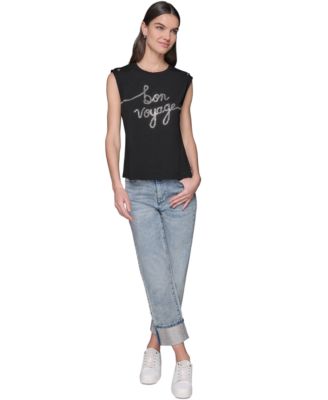 売れ筋商品|||カールラガーフェルド カットソー トップス レディース Women's Embellished Sleeveless Button-Shoulder Tee Black 00000000_zi_b1196345-ee33-4181