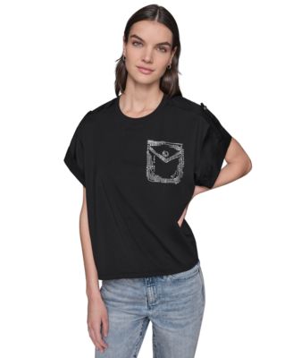 KARL LAGERFELD PARIS - Women's Printed-Pocket Epaulet Tee