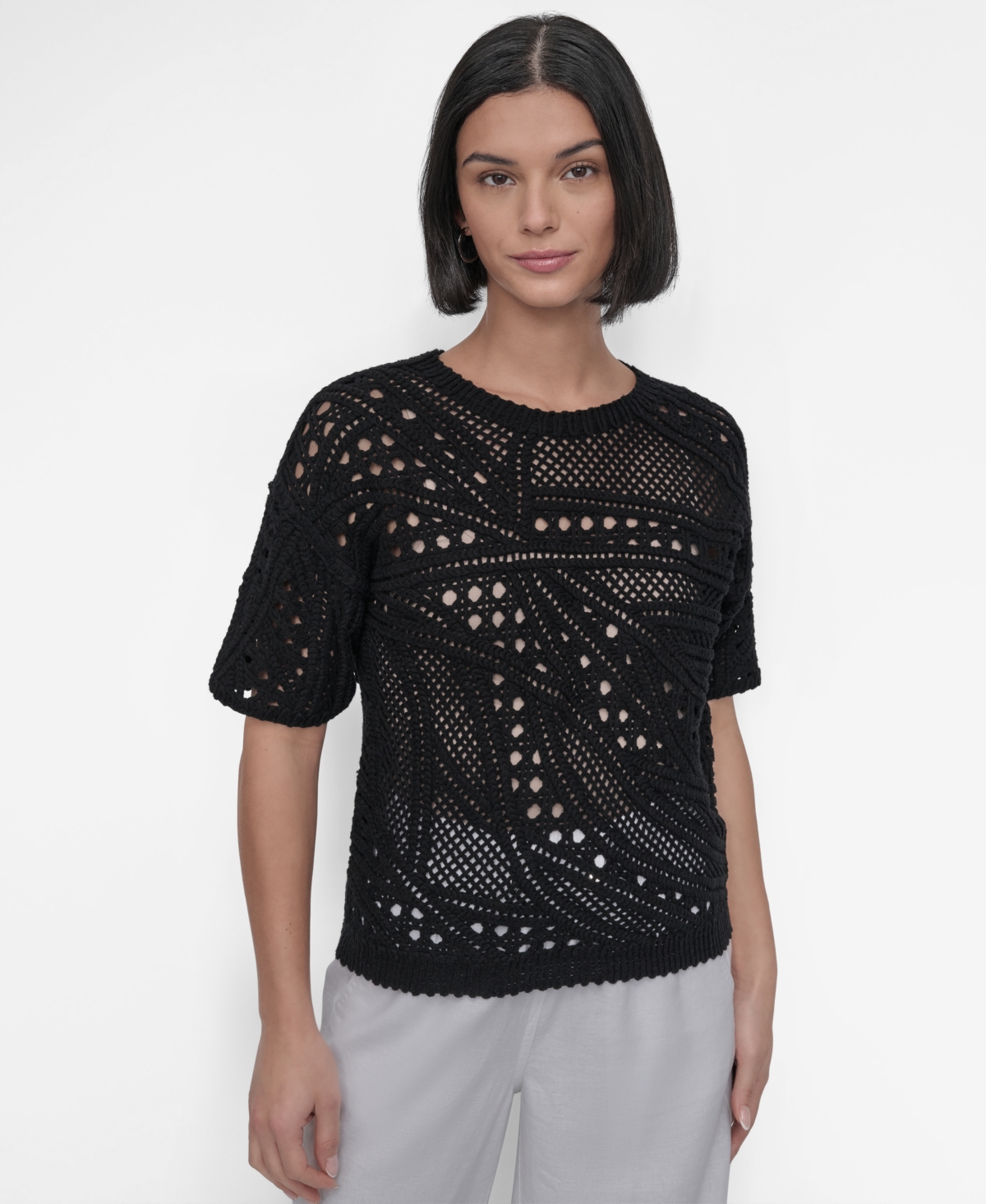 Women's Cotton Short-Sleeve Crochet Sweater - White