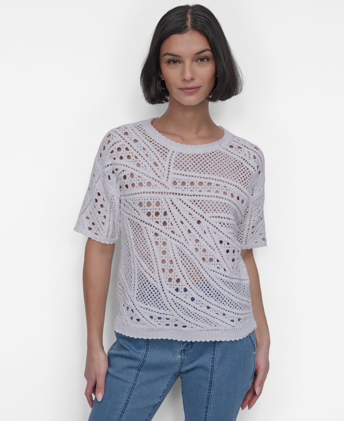 Shop Dkny Women's Cotton Short-sleeve Crochet Sweater In White