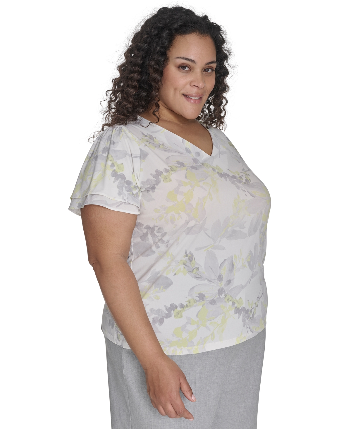 CALVIN KLEIN PLUS SIZE PRINTED V-NECK FLUTTER SLEEVE BLOUSE 