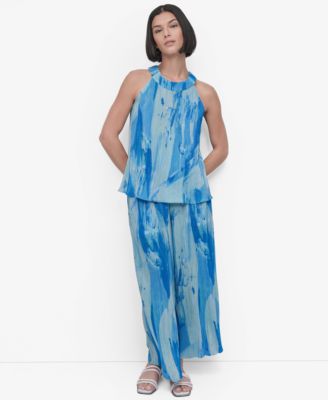 Dkny Womens Printed Plisse Sleeveless Blouse Pull On Pants