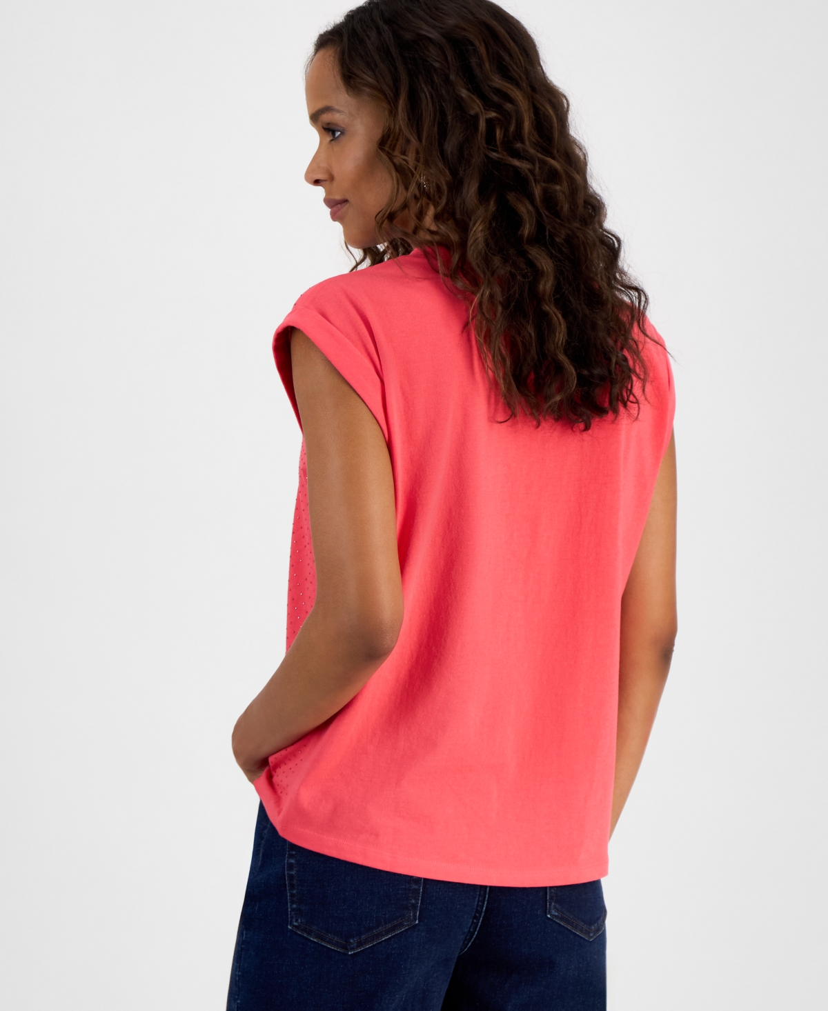 Inc International Concepts Petite Dew Drop Cotton Roll-sleeve Tee, Created For Macy's In Red