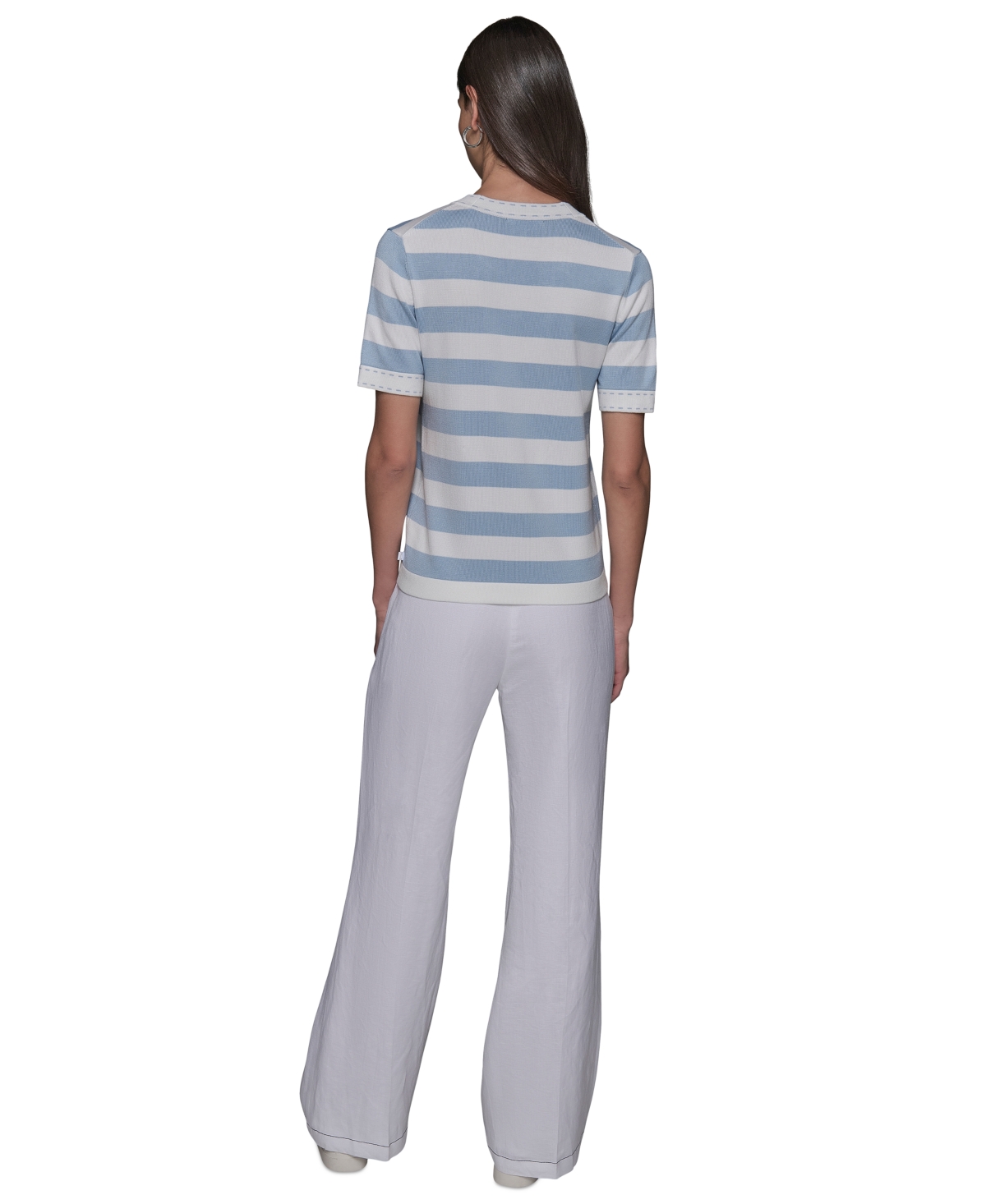 Shop Karl Lagerfeld Women's Stripe Short-sleeve Sweater In Soft White  Chambray