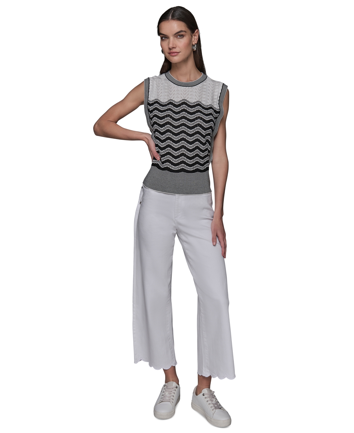 KARL LAGERFELD WOMEN'S GEOMETRIC POINTELLE SLEEVELESS SWEATER 