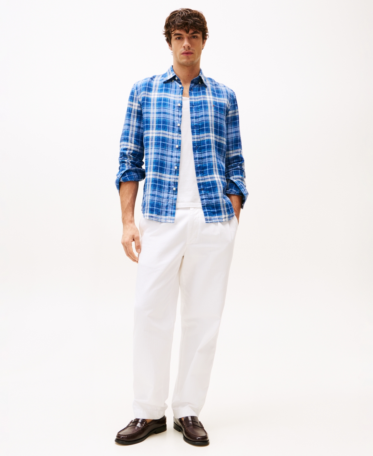 Tommy Hilfiger Regular Fit Check Print Linen Shirt In Night Sky,check