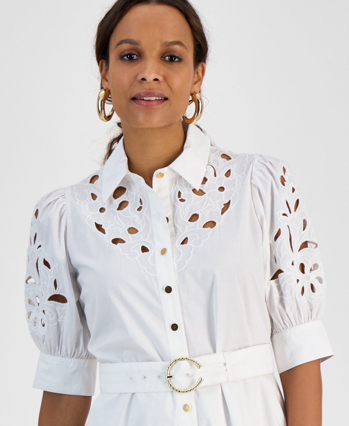 Inc International Concepts Petite Belted Eyelet Mini Dress, Exclusively At Macy's In White
