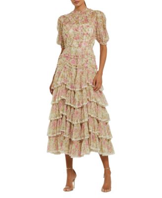 Women's Lace Trim Printed Mesh High Neck Midi Dress