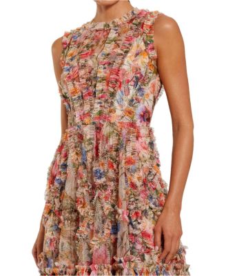 Women's Mesh Micro Ruffle High Neck Mini Dress