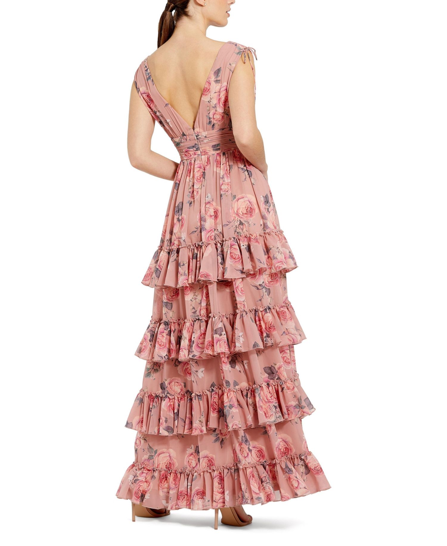 Women's Drawstring Shoulder Floral Chiffon Tiered Gown