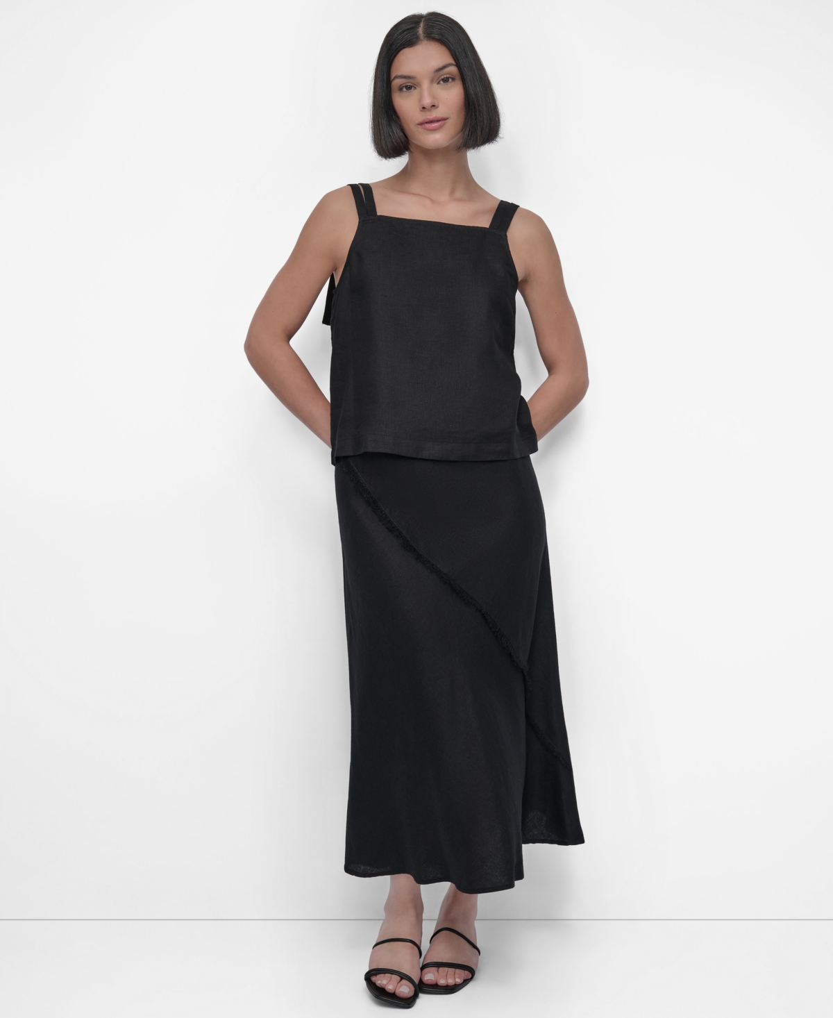 Shop Dkny Women's Linen Tie-strap Tank Top In Black