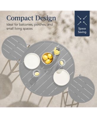 3-Piece Steel Patio Bar Height Round Bistro Set w/ Backless Stools, Slatted Design