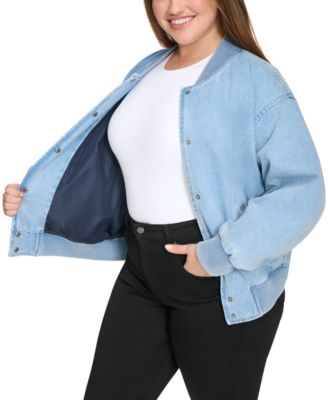 Plus Size Varsity Cotton Denim Bomber Jacket
