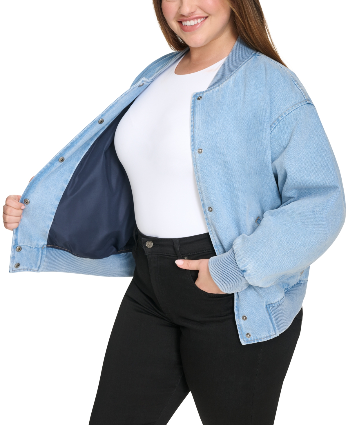 Levi's Plus Size Varsity Cotton Denim Bomber Jacket In Light Wash Denim