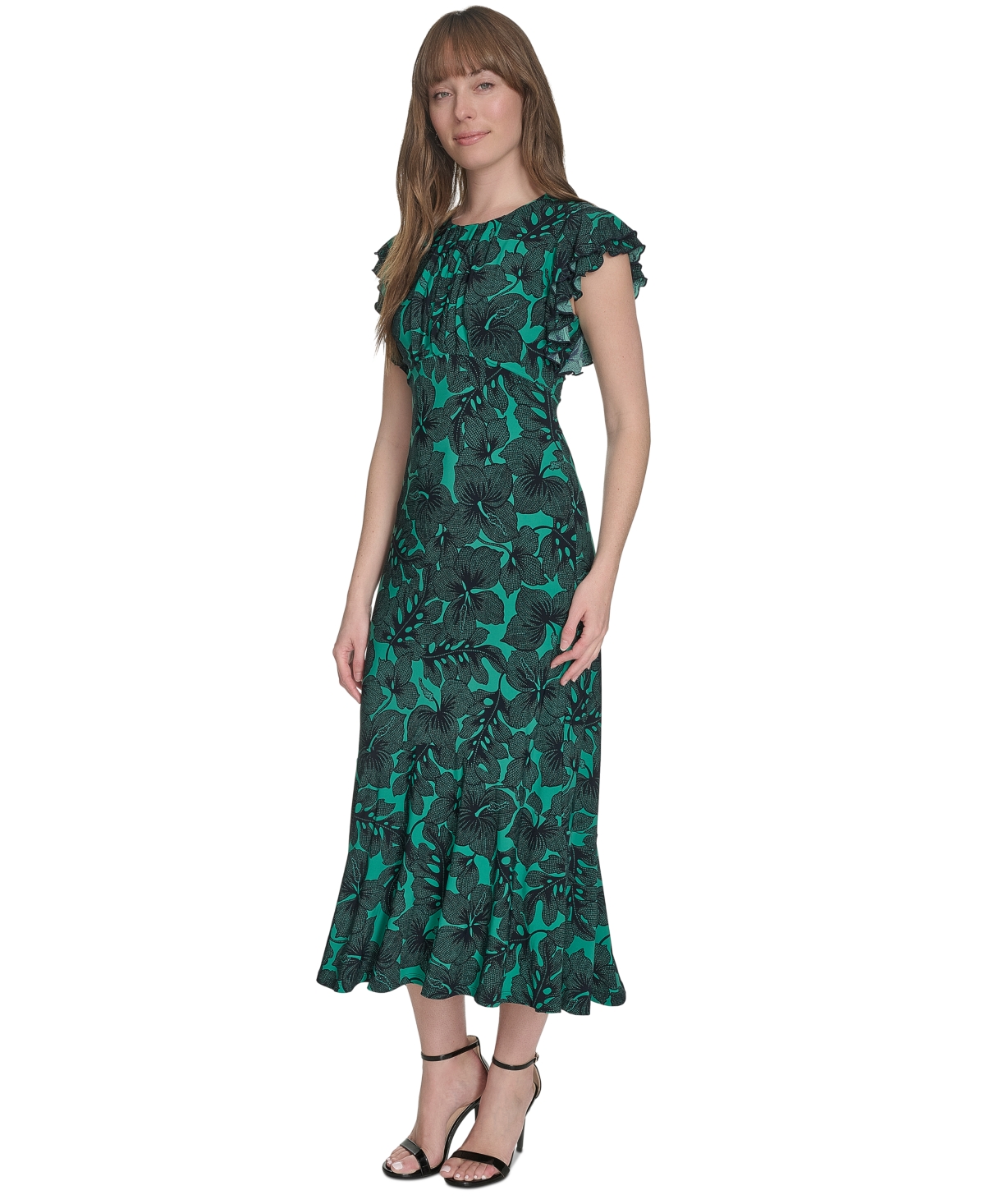 Tommy Hilfiger Women's Printed Ruffle-sleeve Midi Dress In Parakeet,sky Captain