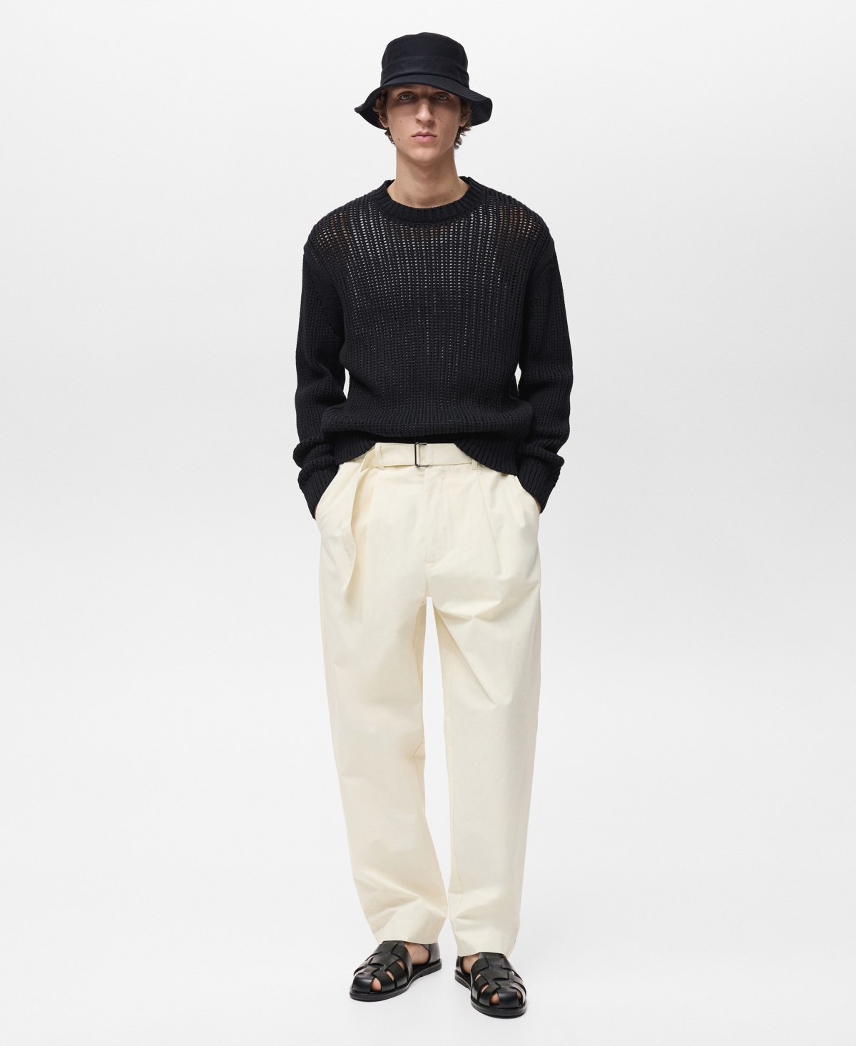 Mango Oversize Openwork Cotton Crewneck Sweater In Black