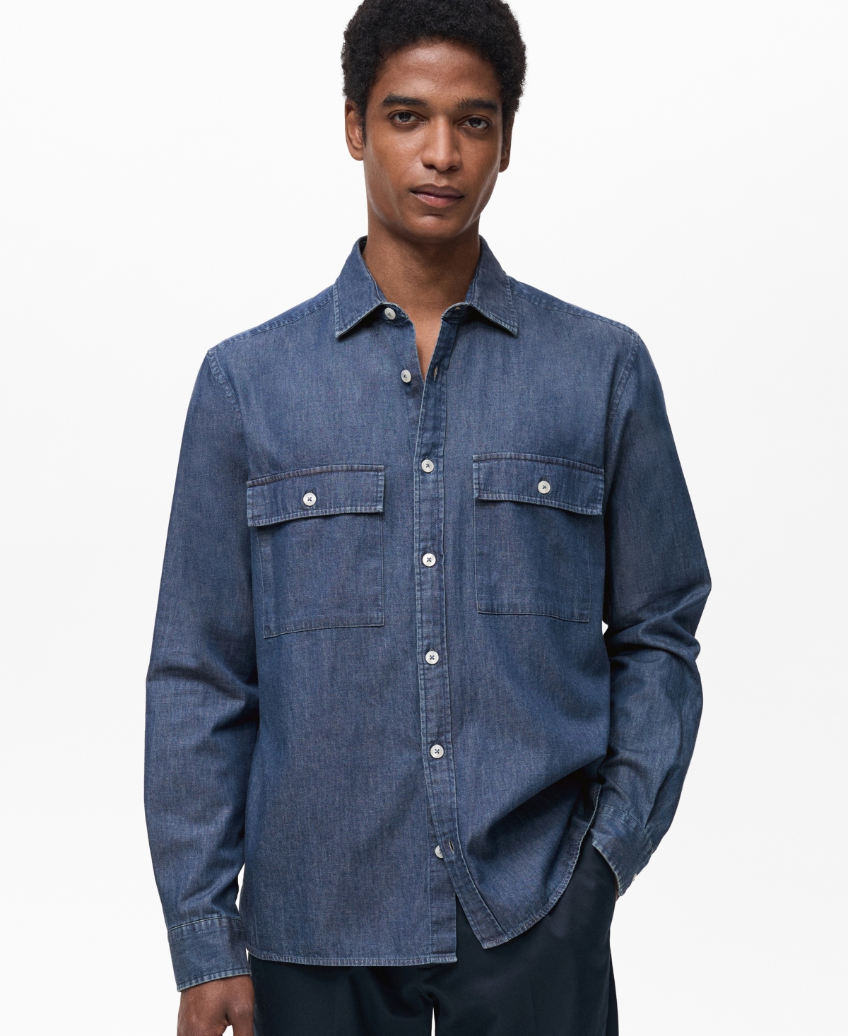 Mango Cotton Chambray Button-up Shirt In Dark Blue