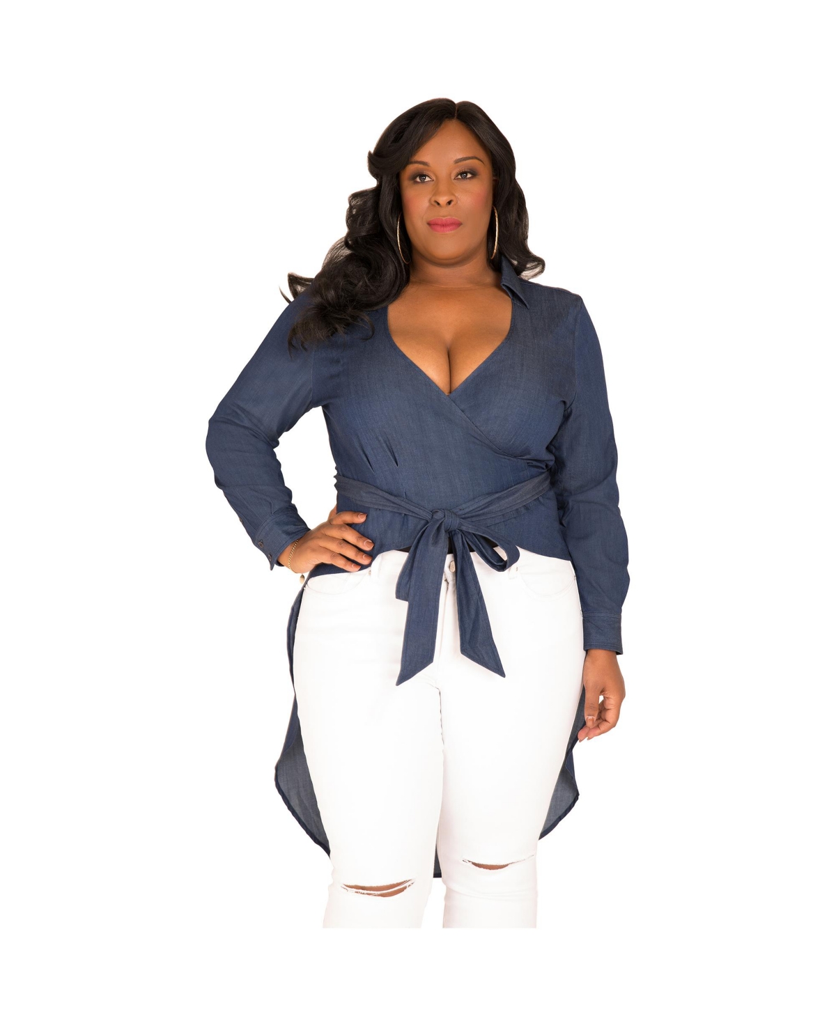 Plus Size Fishtail Tencel Denim High-Low Wrap Shirt - Indigo