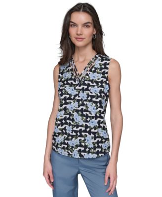 KARL LAGERFELD PARIS - Women's Mixed-Print Strappy-Neck Top