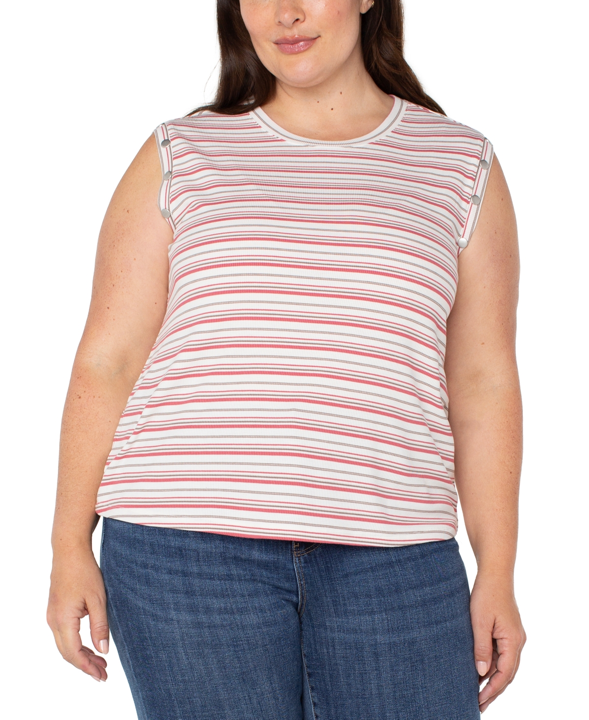 Liverpool Plus Size Crewneck Striped Sleeveless Top In Pink Multi Stripe