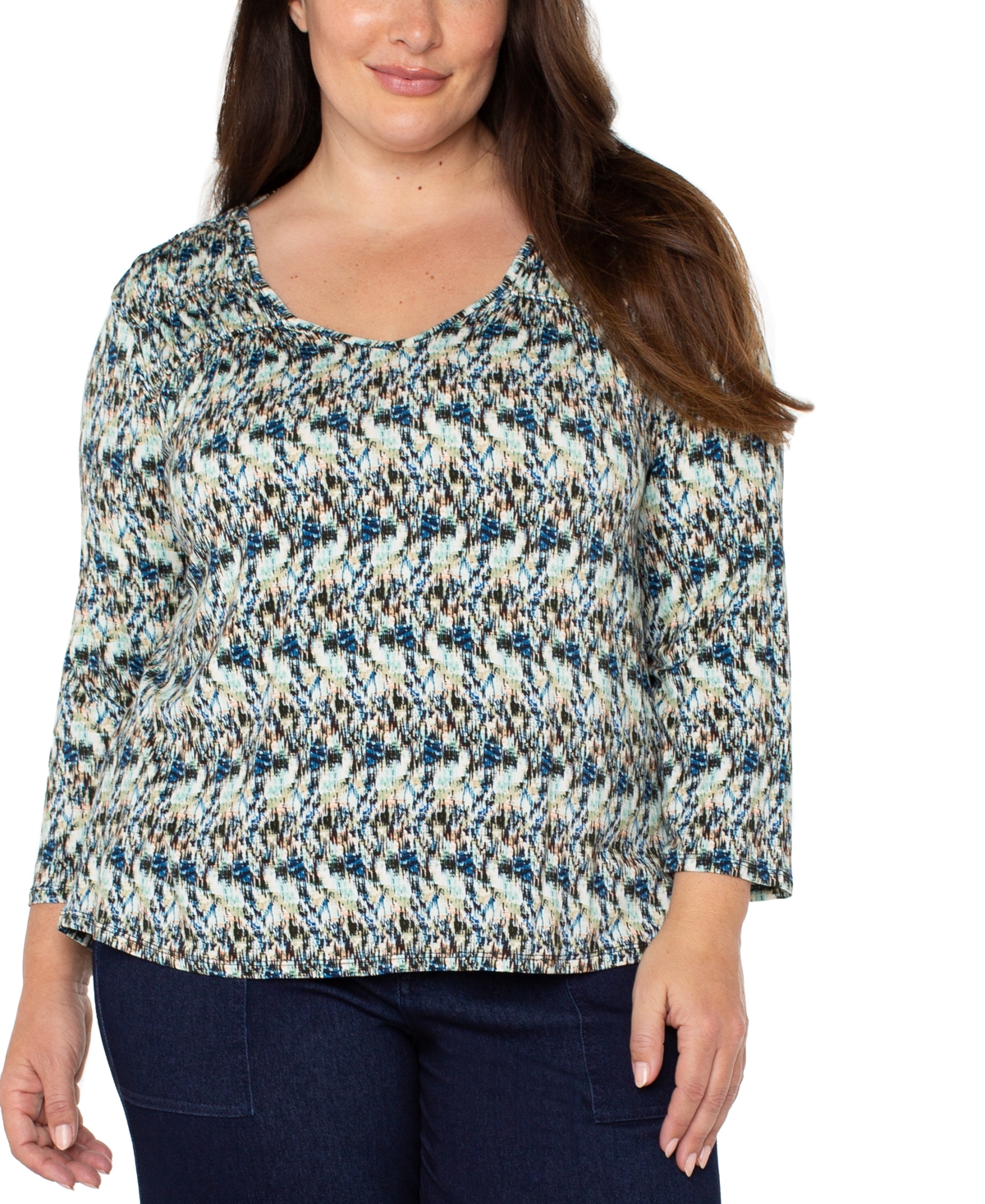 Liverpool Plus Size Printed 3/4-Sleeve V-Neck Top - Blue Multi Texture