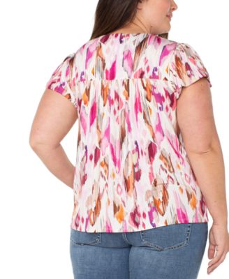 Liverpool Plus Size Flutter-Sleeve Button-Front Top