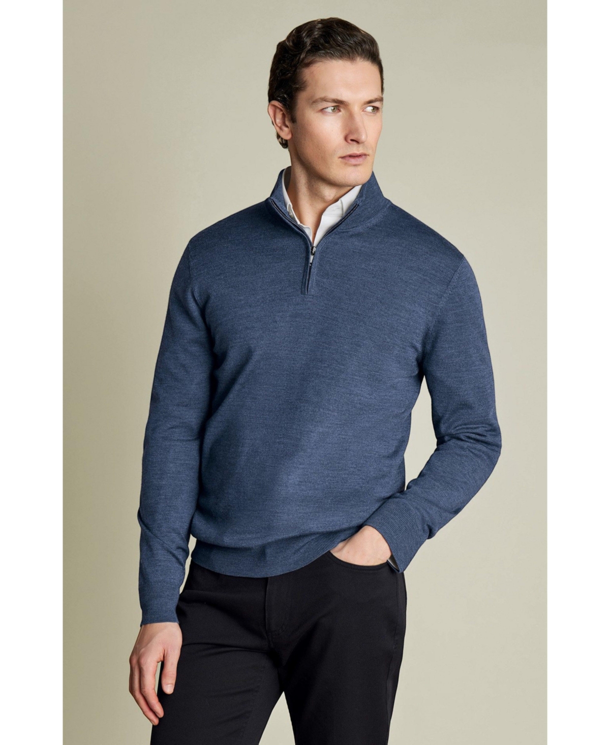 Men's Pure Merino Zip Neck Sweater - Indigo blue