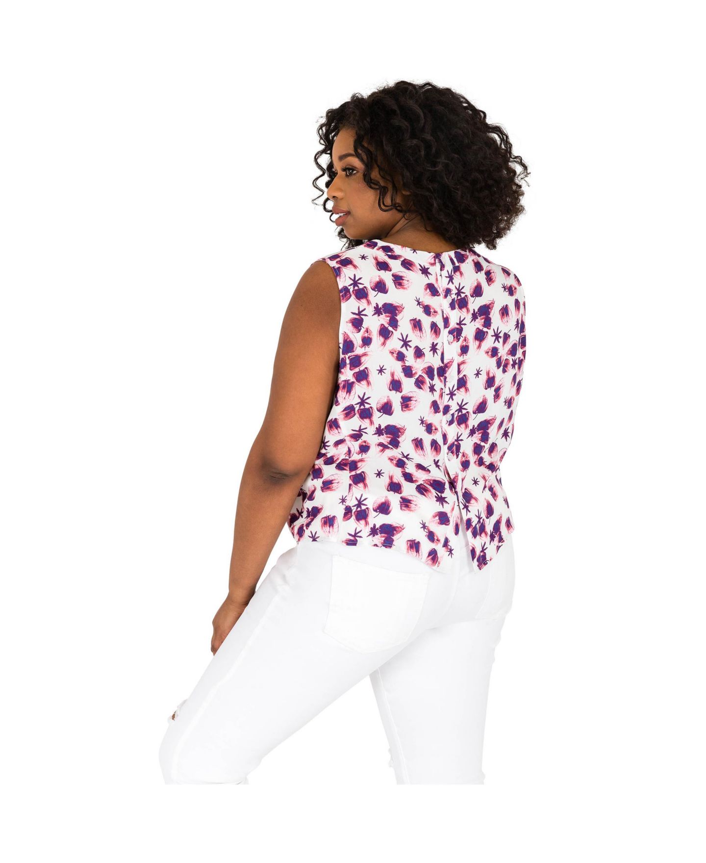 Женские топы Poetic Justice Plus Size Leaf Print Button Back Sleeveless, цвет: Белый клубничный — фото 2