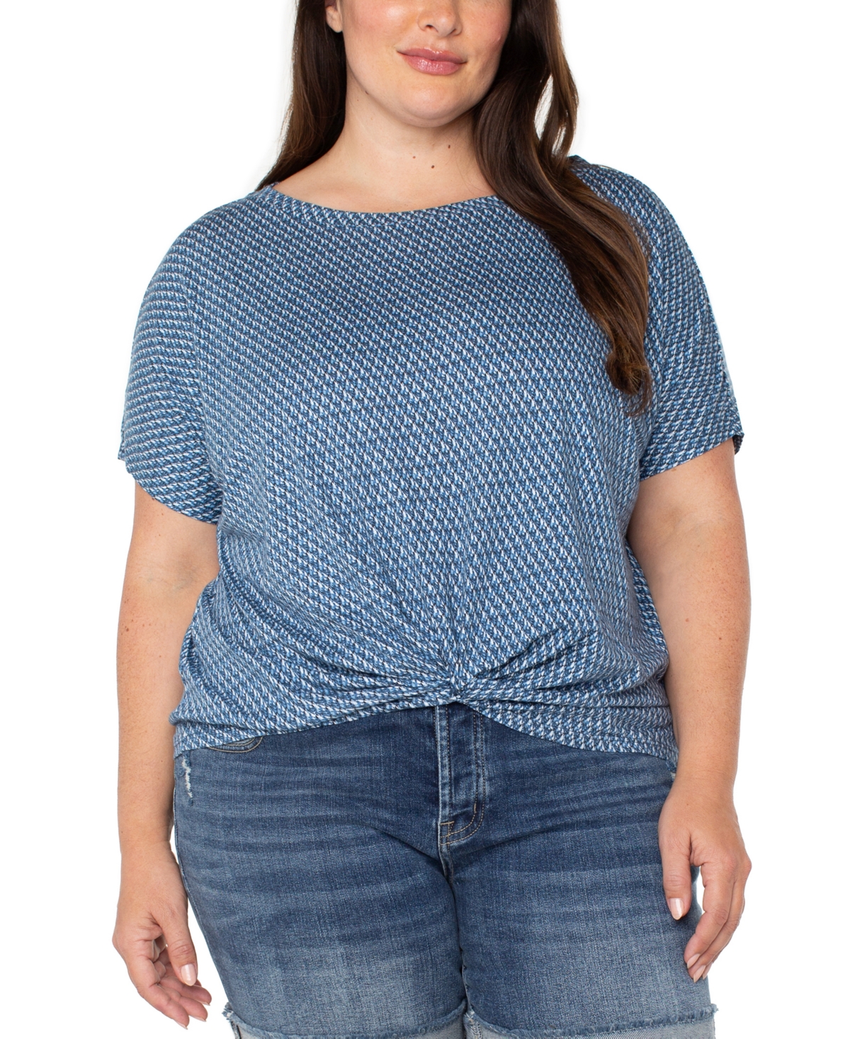 Liverpool Los Angeles Liverpool Plus Size Printed Twist-hem Crewneck Top In Blue Multi Mcro