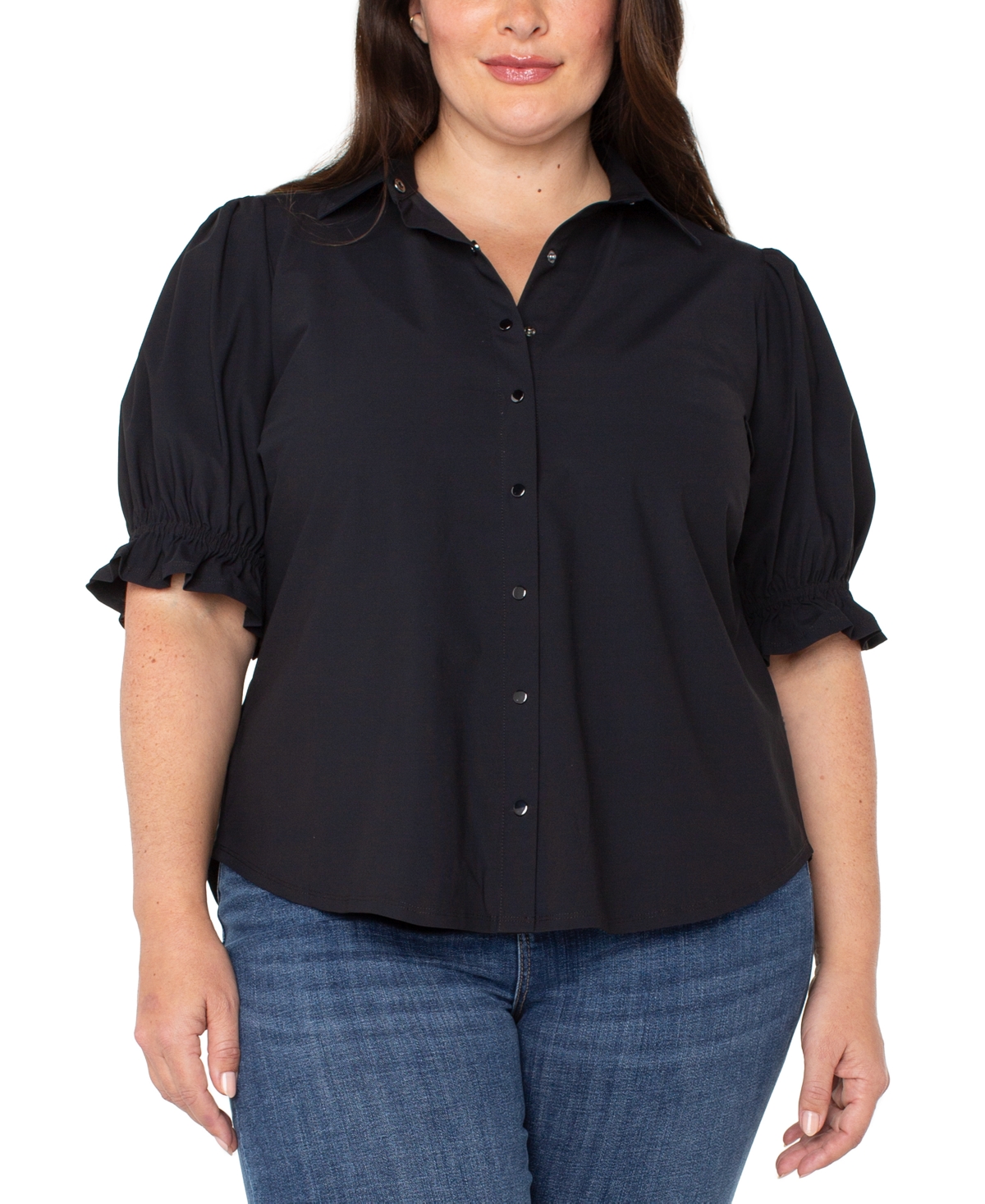 Liverpool Plus Size Puff Sleeve Snap Front Shirt - Black