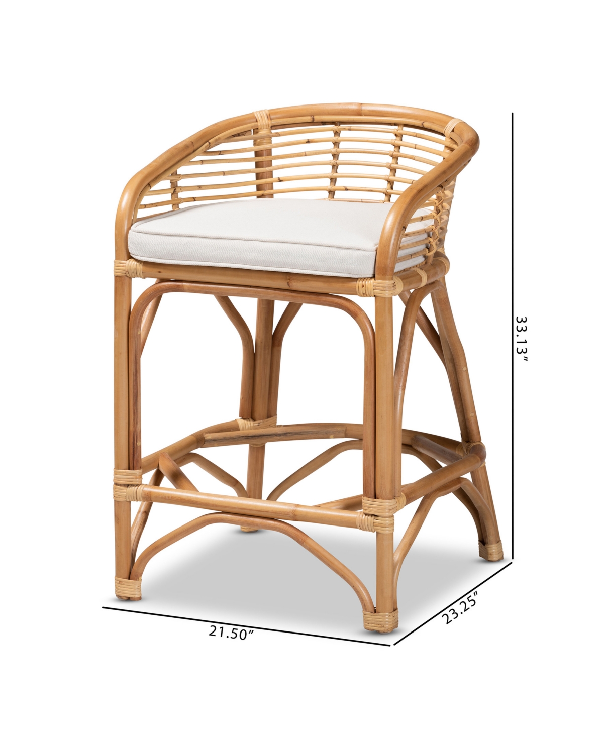 Bali & Pari Bohemian White Fabric Upholstered And Natural Brown Rattan Counter Stool In White,natural Brown