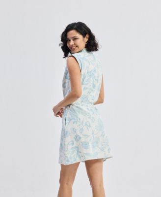 Women's Drawstring Shirt Dress in Blue Florals
