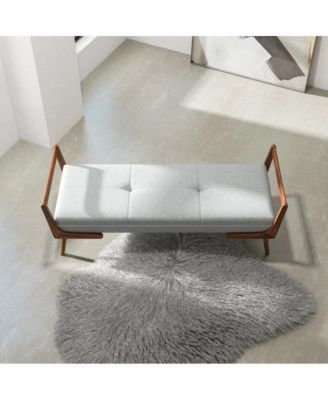 Mid-Century Modern Gray Upholstered Bench, Tufted Fabric Seat with Walnut Wood Frame-The Pop Home