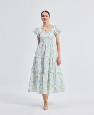 Women's Puff Sleeve Tiered Midi Dress in Blue Florals
