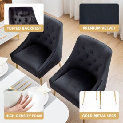 Modern Velvet Upholstered Dining Chairs Set of 2, Mid Century Side Chairs with 5.12” Cushions and Back Pull Rod for Kitchen, Living Room